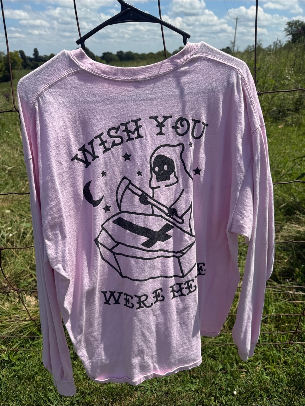 Spencer's Light Pink Long-Sleeve Tee with Black Grim reaper  Graphic
